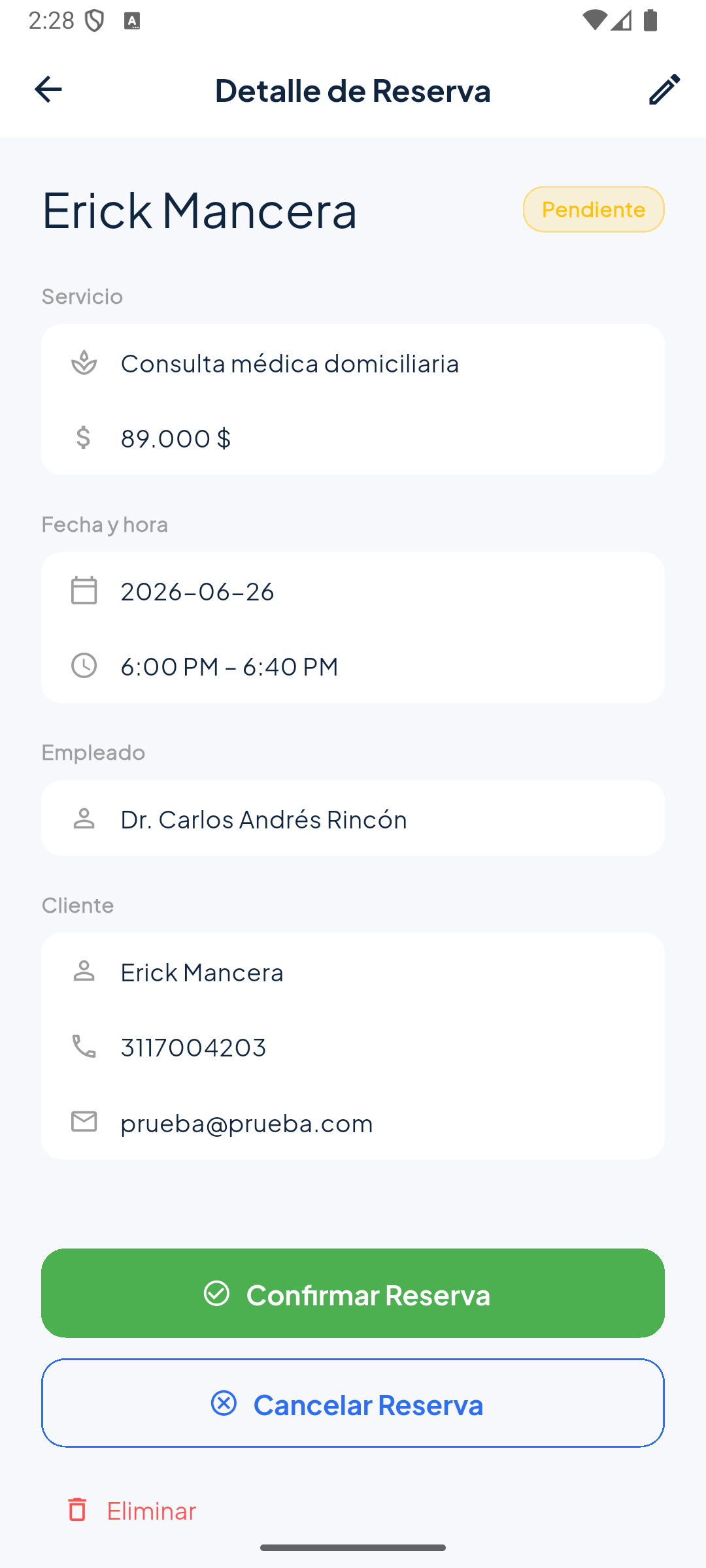 Detalle de una reserva en el panel del administrador